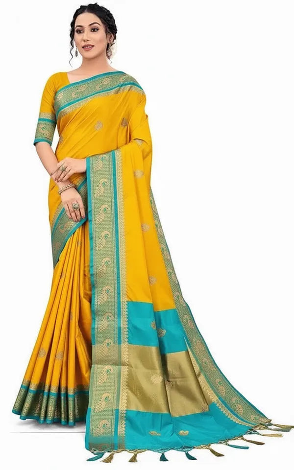 GOLDEN CYAN SOFT COTTON SILK BLOOM SAREE FOR WOMEN