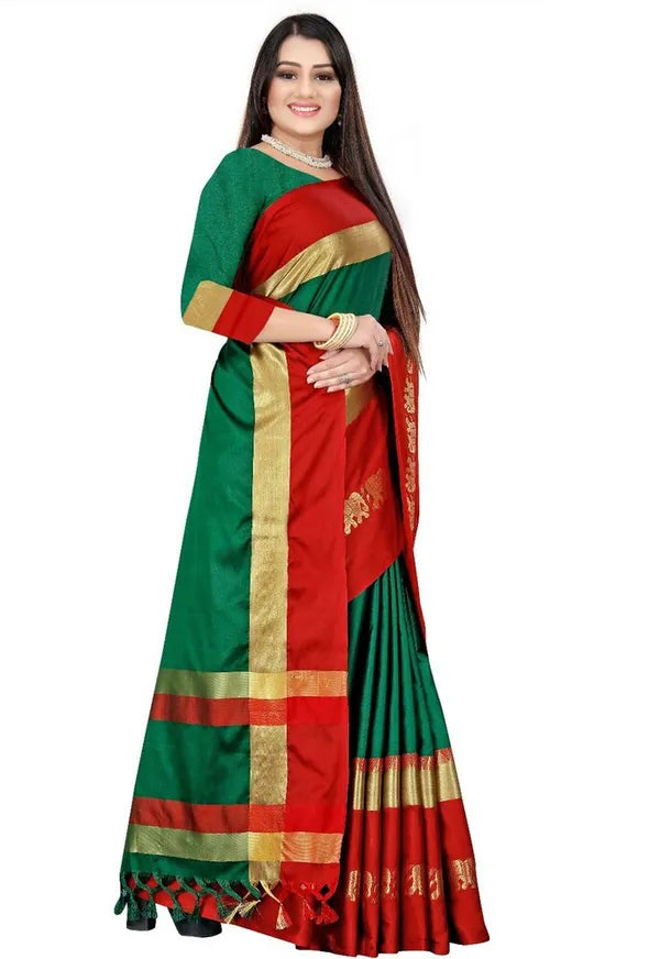 GREEN& RED SOFT COTTON SILK AUSPISIOUS HARMONY SAREE