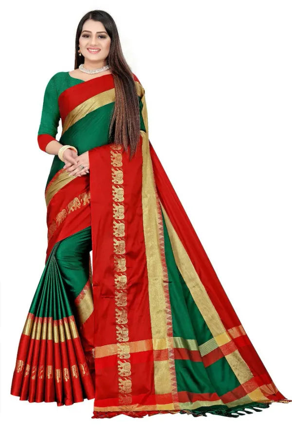GREEN& RED SOFT COTTON SILK AUSPISIOUS HARMONY SAREE