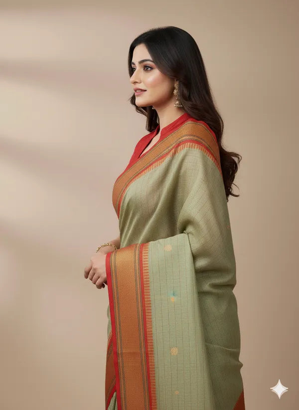 OLIVE GREEN RED SOFT COTTON SILK OLIVE EMBER HARMONY SAREE