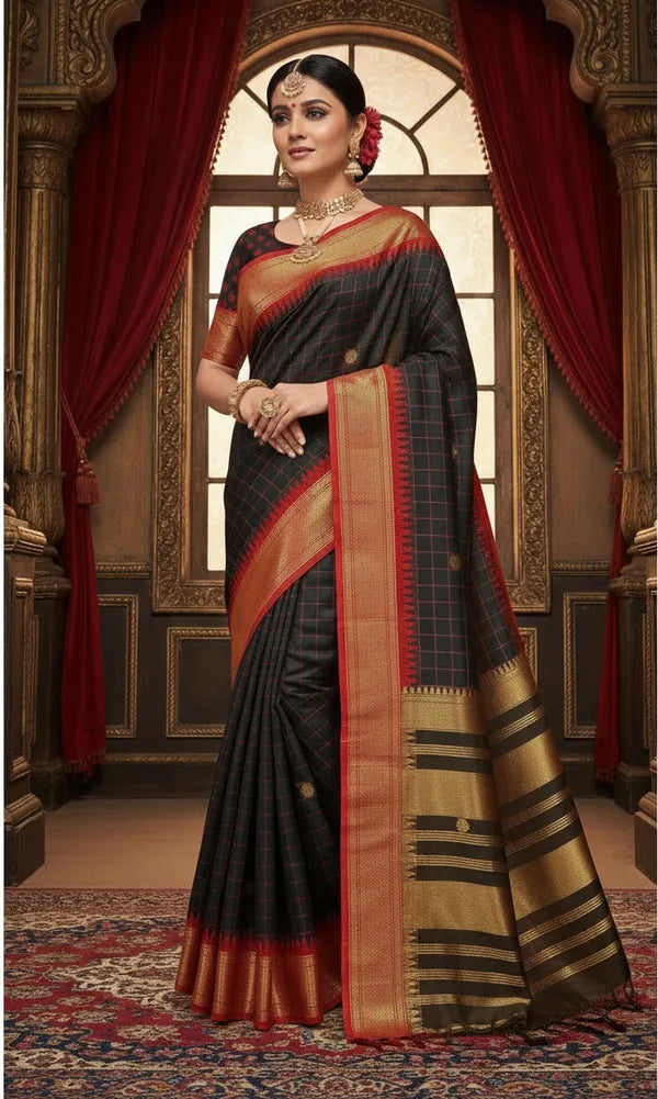 BLACK AND RED SOFT COTTON SILK CRIMSON SHAWOW AURA SAREE