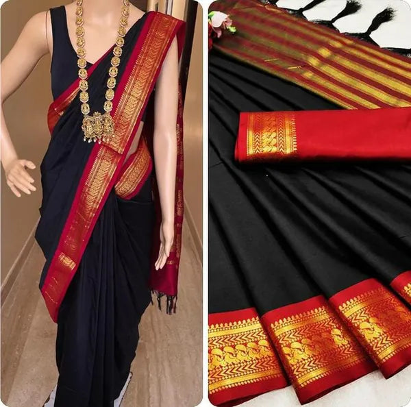 BLACK RED SOFT COTTON SILK VELVET SEARLET TOUCH SAREE FOR WOMEN