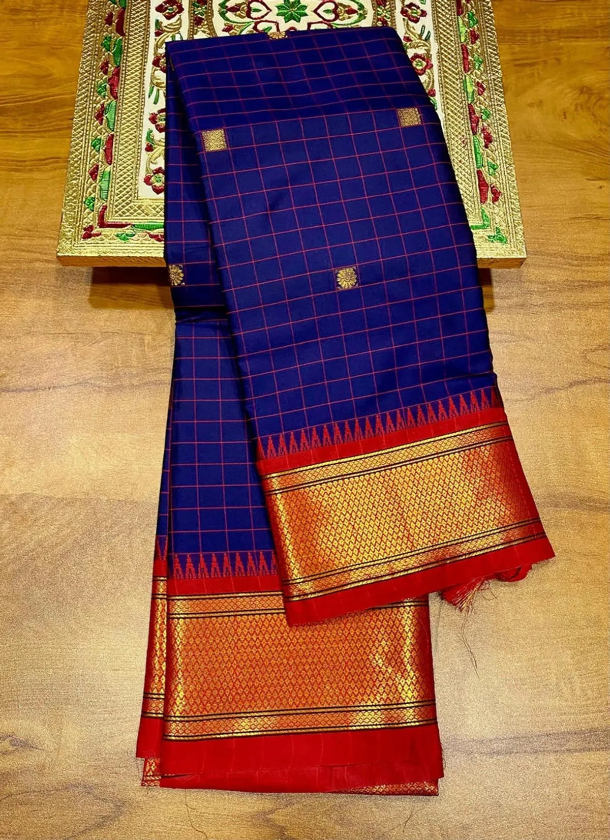 Navy Blue Red Soft Cotton Silk Nautical Ruby Muse Saree For Women