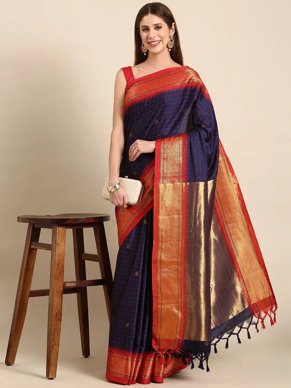 NAVY BLUE RED SOFT COTTON SILK NAUTICAL RUBY MUSE SAREE