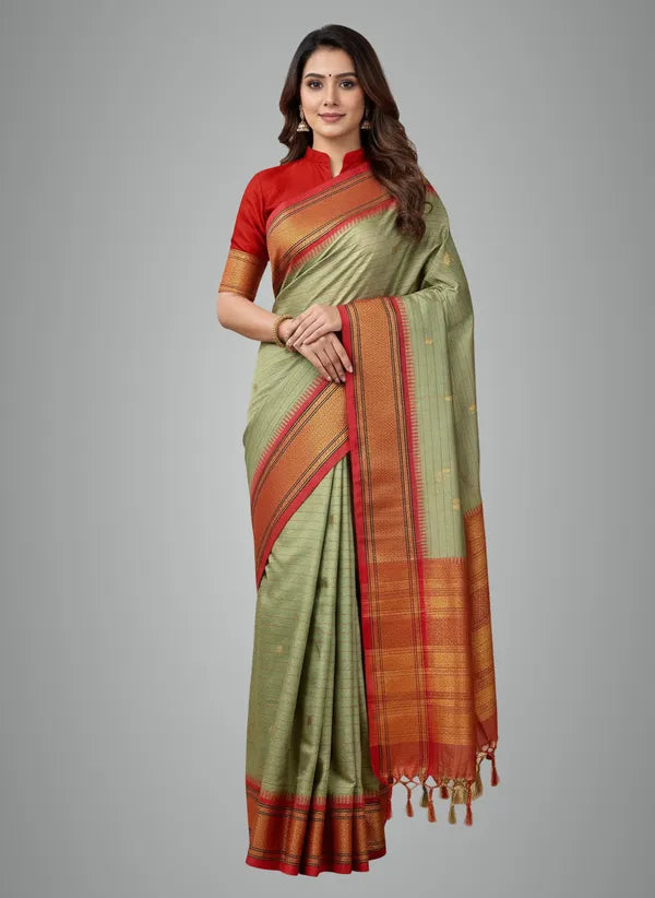OLIVE GREEN RED SOFT COTTON SILK OLIVE EMBER HARMONY SAREE
