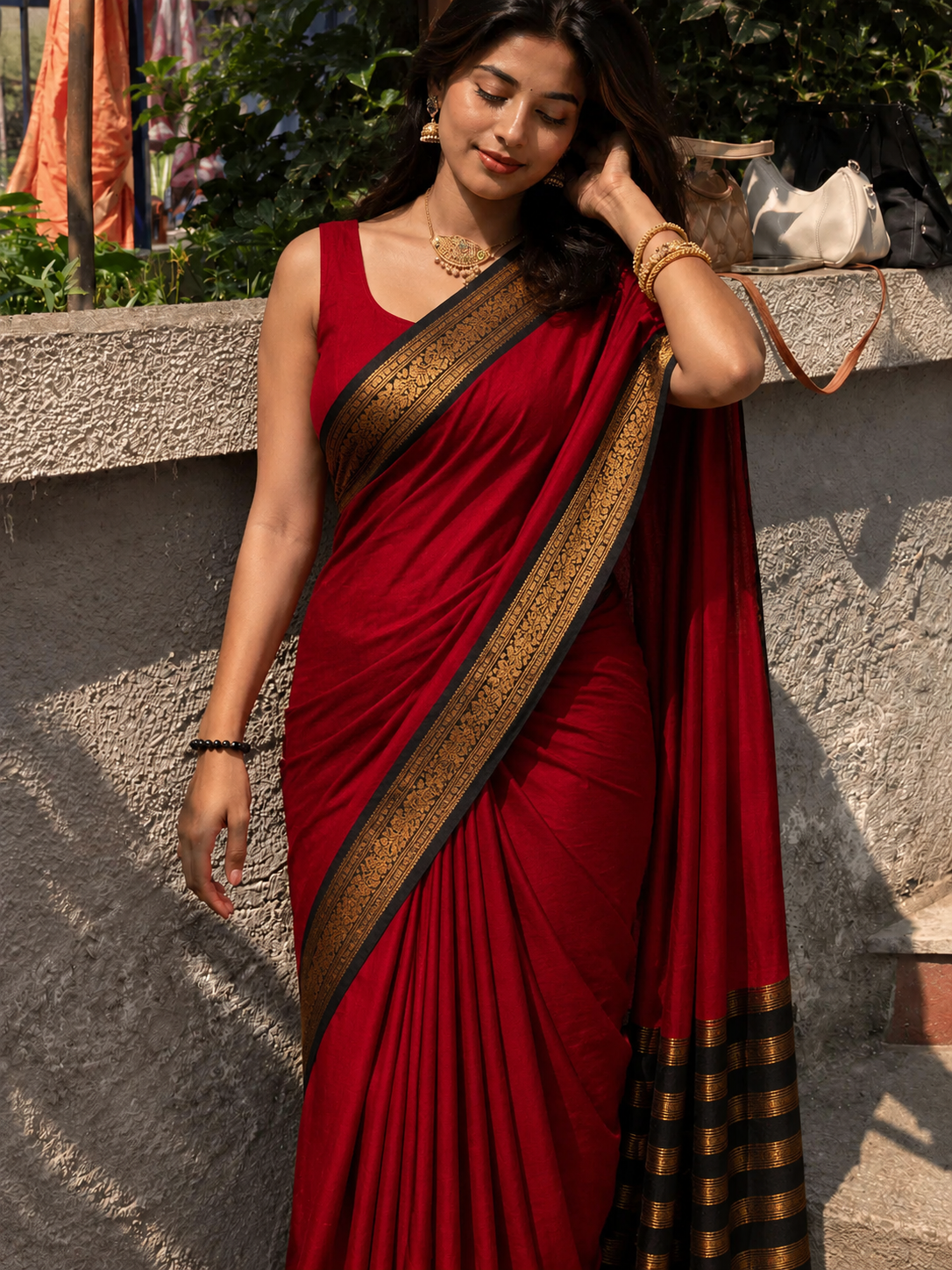 RED & BROWN SOFT COTTON SILK RUBY GARDEN CHARM SAREE FOR WOMEN