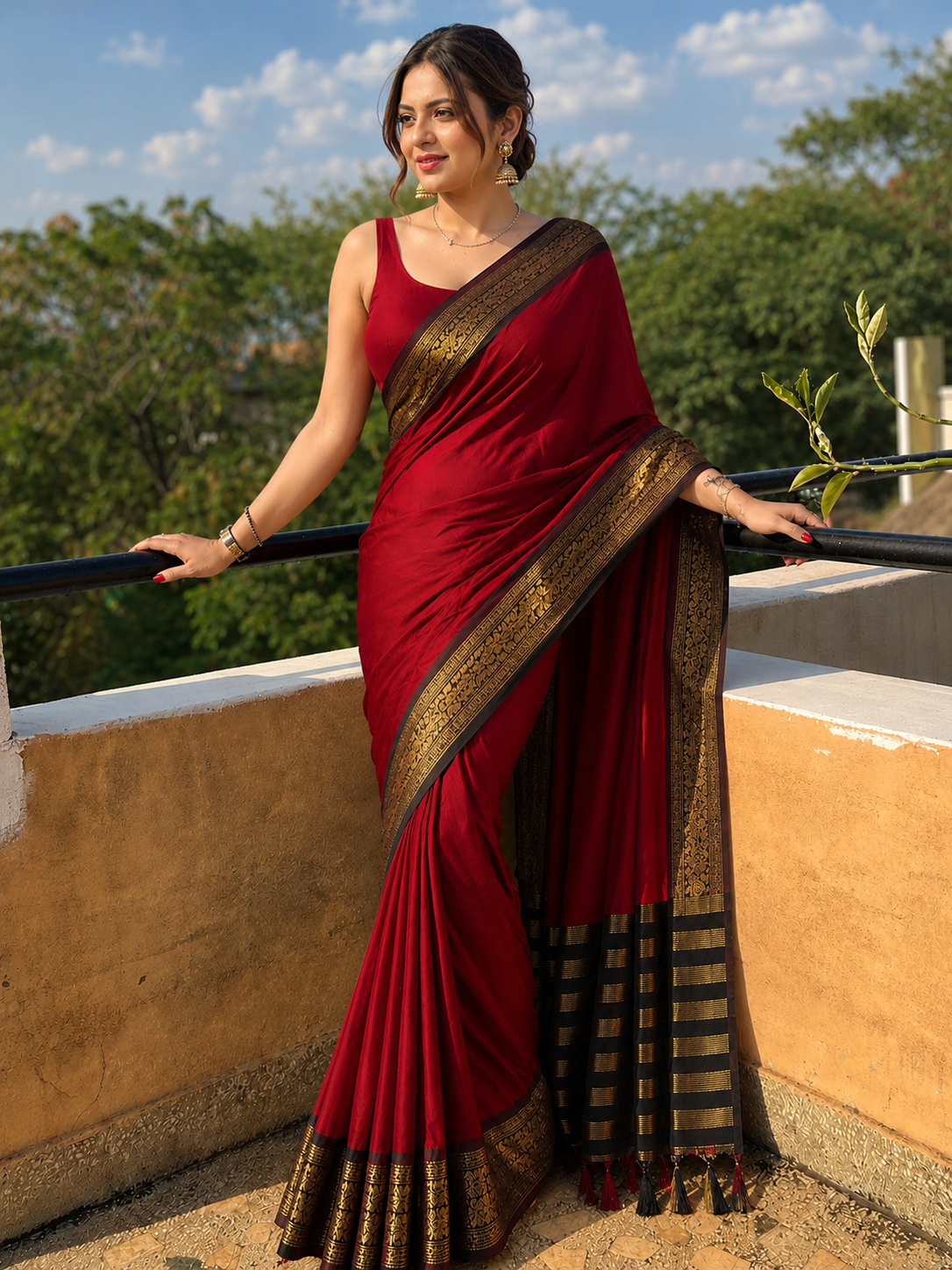 RED & BROWN SOFT COTTON SILK RUBY GARDEN CHARM SAREE FOR WOMEN