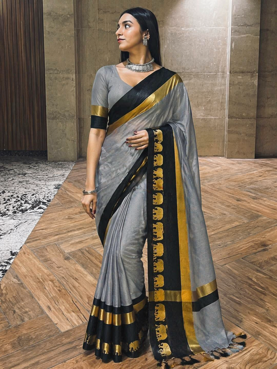 Grey & Black  Soft Cotton Silk Emerald Bloom Saree For Women