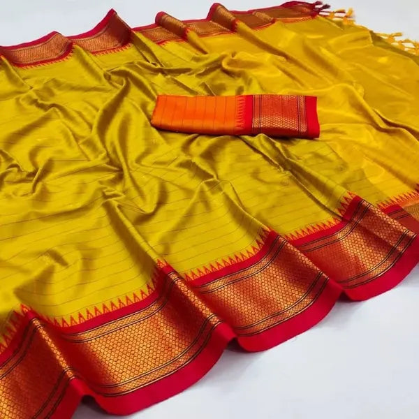 ORANGE YELLOW RED SOFT COTTON SILK SUNSET FLAME RADIANCE SAREE