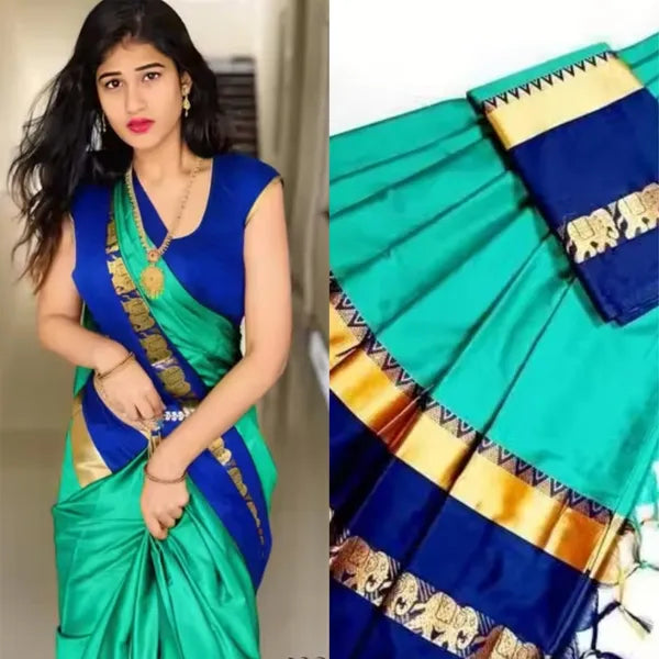 CYAN BLUE SOFT COTTON SILK AZURE MIST AURA SAREE FOR WOMEN