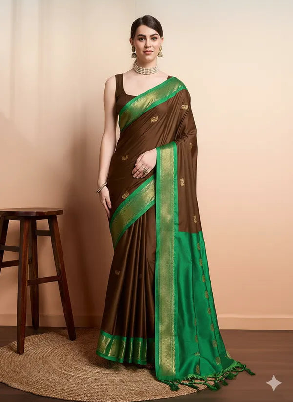 BROWN GREEN SOFT COTTON SILK OLIVE MEADOW ESSEANCE SAREE FOR WOMEN