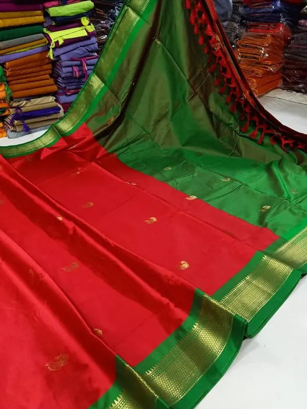RED & GREEN SOFT COTTON CRIMSON MEADOW GLOW SAREE