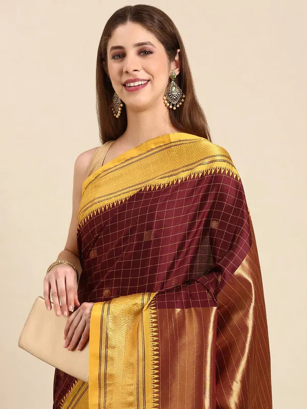 MAROON & YELLOW SOFT COTTON SILK REGAL CHARAM SAREE