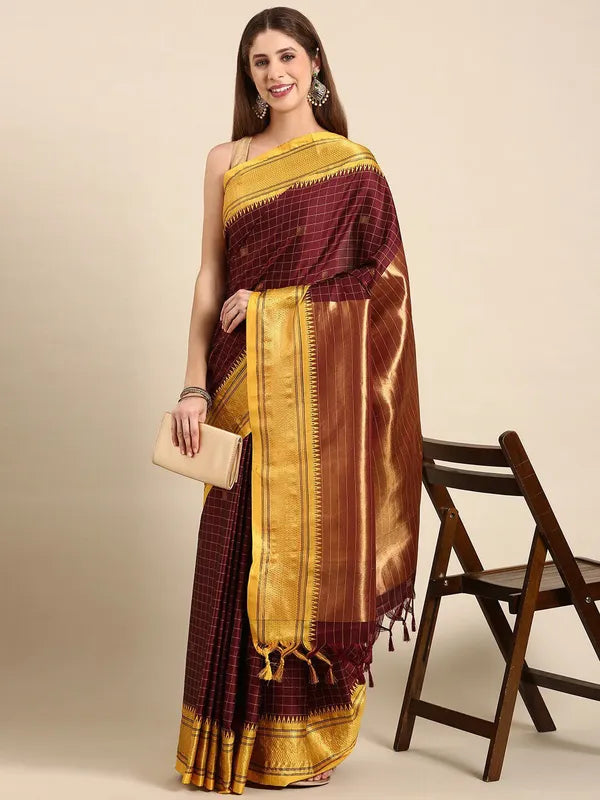 MAROON & YELLOW SOFT COTTON SILK REGAL CHARAM SAREE