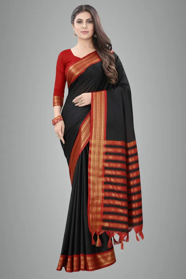 BLACK RED SOFT COTTON SILK VELVET SEARLET TOUCH SAREE FOR WOMEN