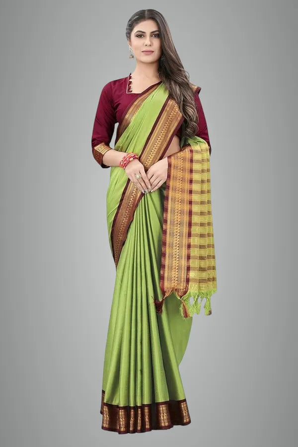 SAGE GREEN BROWN SOFT COTTON SILK MOCHA MIST SAREE FOR WOMEN