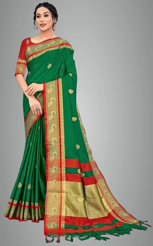 GREEN & RED SOFT COTTON SILKVERDANT RUBY BLOOM SAREE FOR WOMEN