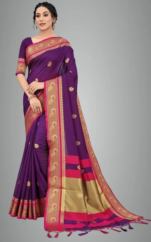 PURPLE&PINK SOFT COTTON SILK VIOLET ROSE SYMPHONY SAREE FOR WOMEN