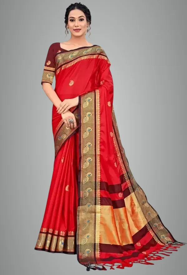 RED BLACK SOFT COTTON SILK CRIMSON SHADOW CHARM SAREE