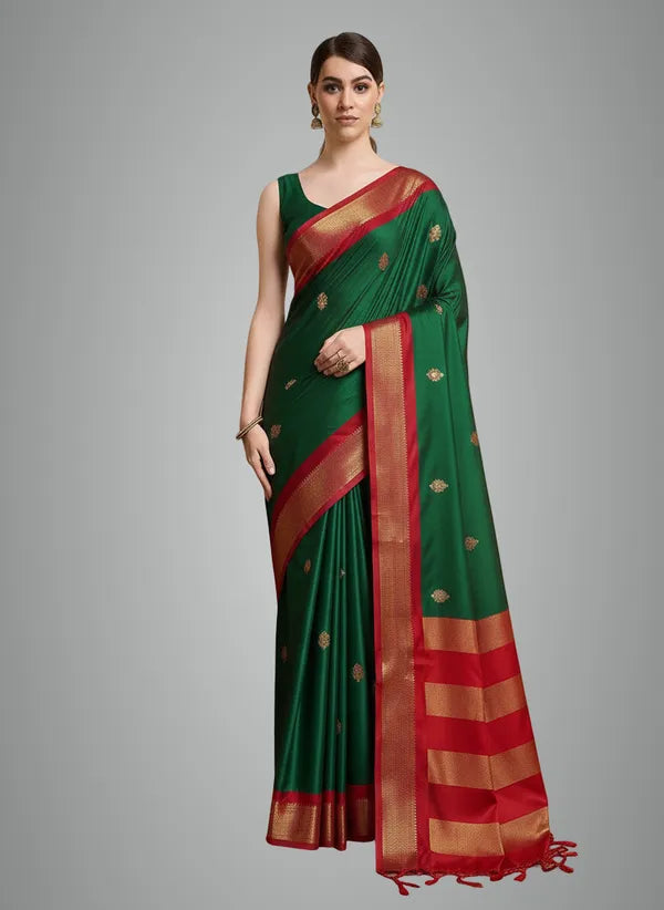 GREEN RED SOFT COTTON SILK VERDANT RUBY WHISPER SAREE