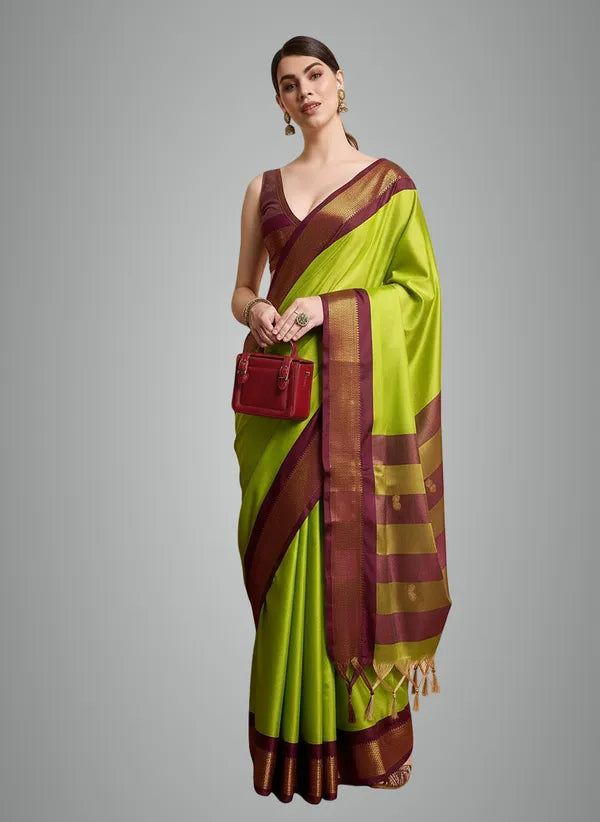 LIME GREEN CROWN SOFT COTTON SILK EARTH HARMONY SAREE