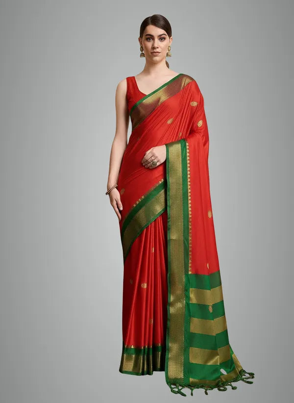 RED & GREEN SOFT COTTON CRIMSON MEADOW GLOW SAREE