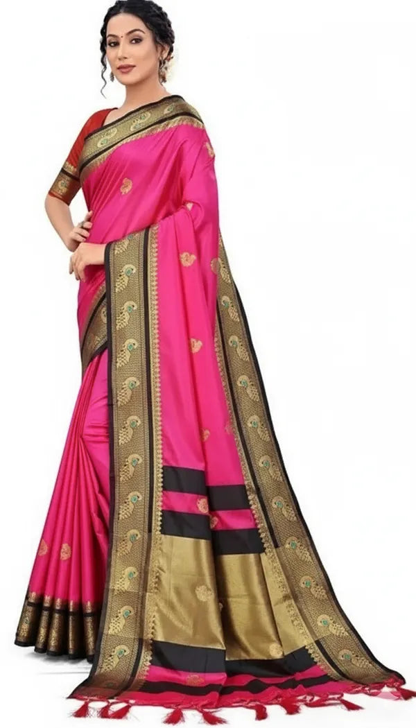 PINK &BLACK SOFT  COTTON SILK BLUSH SHADOW DREAM SAREE