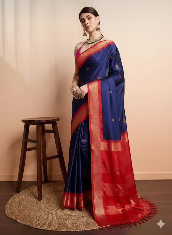 NAVY BLUE RED SOFT COTTON SILK NAUTICAL RUBY CHARM SAREE