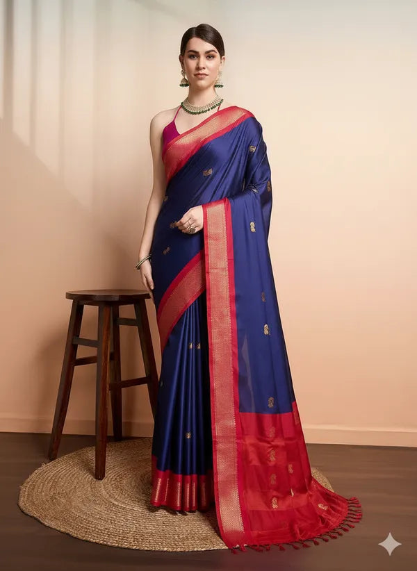 NAVY BLUE RED SOFT COTTON SILK NAUTICAL RUBY CHARM SAREE