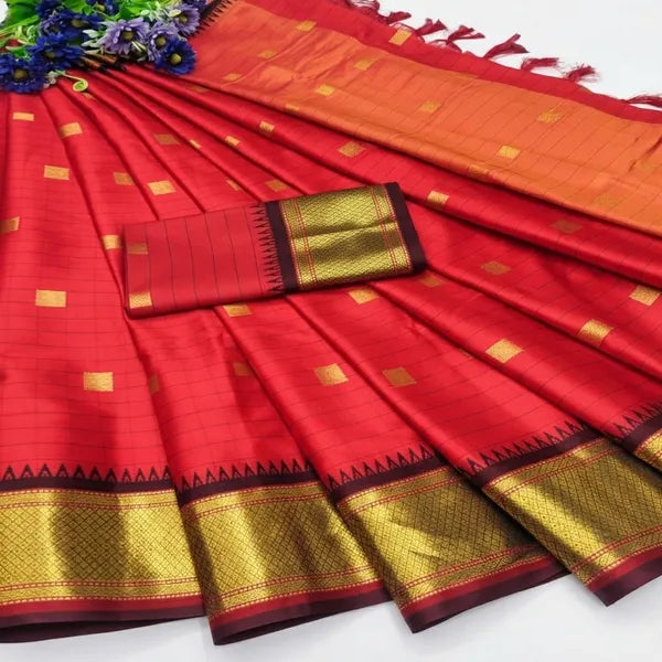 RED BLACK SOFT COTTON SILK SCARLE NOIR SYMPHONY SAREE FOR WOMEN