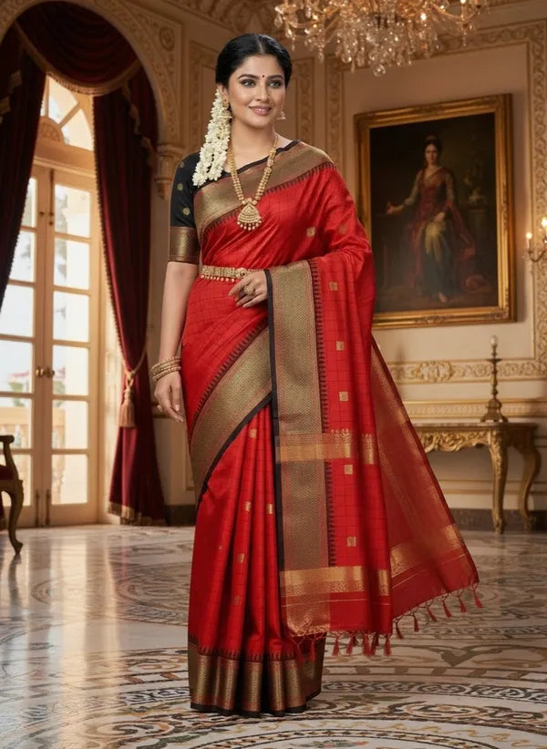 RED BLACK SOFT COTTON SILK SCARLE NOIR SYMPHONY SAREE FOR WOMEN