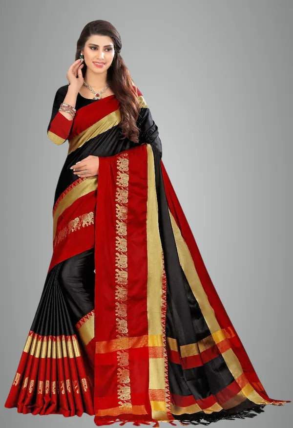 BLACK RED SOFT COTTON SILK MIDNIGHT SCARLET MUSE SAREE FOR WOMEN