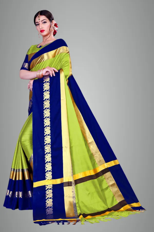 LEMON GREEN & BLUE SOFT COTTON SILK CITRUS OCEAN HARMONY  SAREE