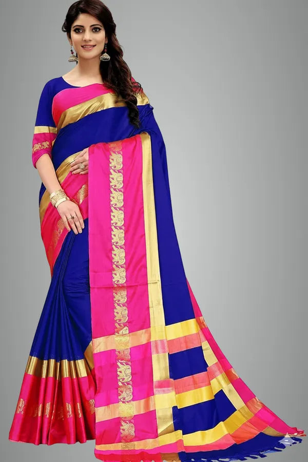 NAVY BLUE &PINK SOFT COTTON SILK MARINE BLUSH BLOOM SAREE FOR WOMEN