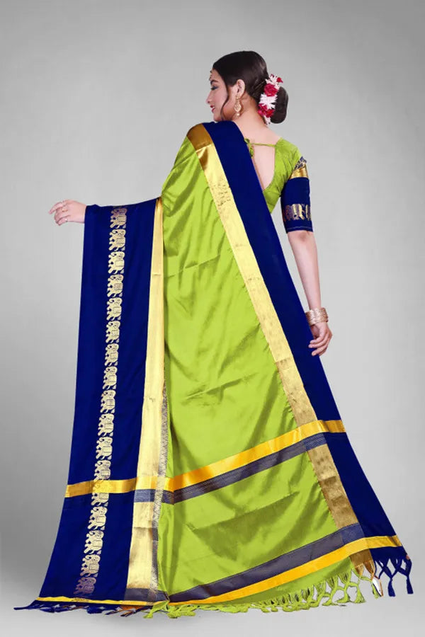 LEMON GREEN & BLUE SOFT COTTON SILK CITRUS OCEAN HARMONY  SAREE