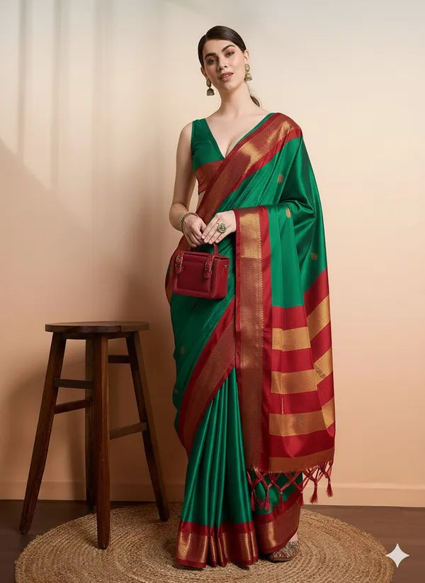 GREEN RED SOFT COTTON SILK VERDANT RUBY WHISPER SAREE