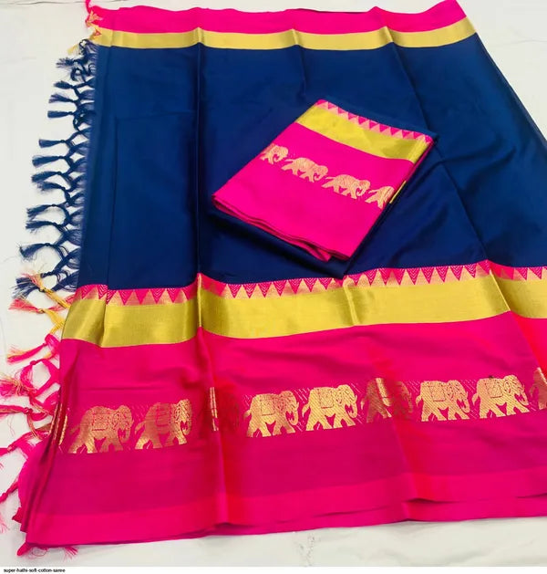 NAVY BLUE &PINK SOFT COTTON SILK MARINE BLUSH BLOOM SAREE FOR WOMEN