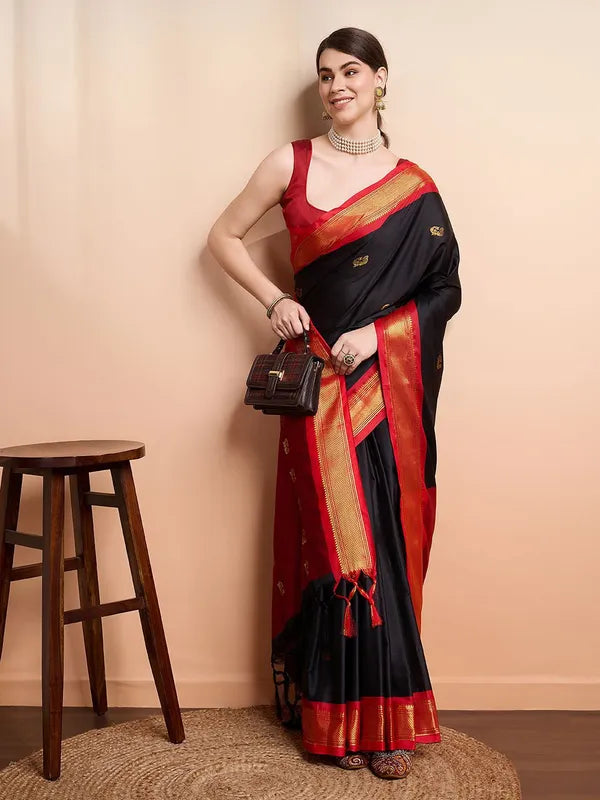 BLACK RED SOFT COTTON SILK MIDNIGHT CRIMSON SAREE FOR WOMEN