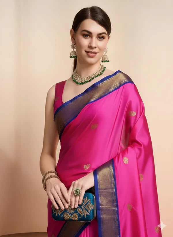 PINK BLUE SOFT COTTON SILK ROSE SKY SERENITY SAREE FOR WOMEN