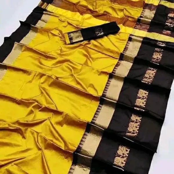 GOLD & BLACK SOFT COTTON SILK SUNBURST & SHADOW SAREE