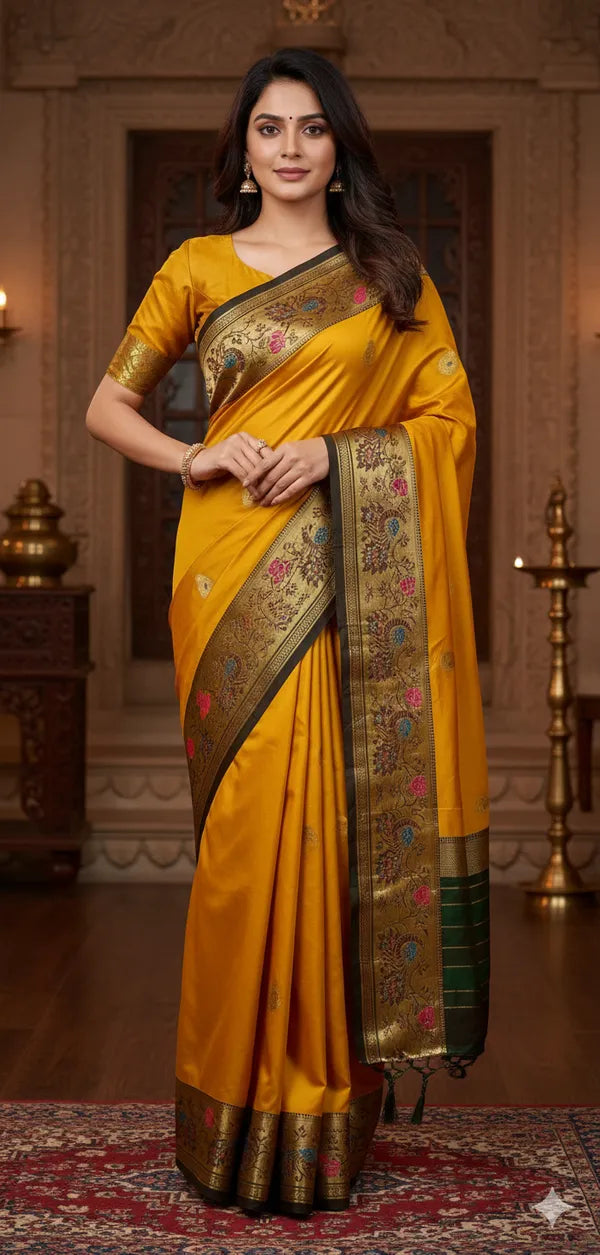 GOLD YELLOW BLACK SOFT COTTON SILK AMBER NIGHT FUSION SAREE