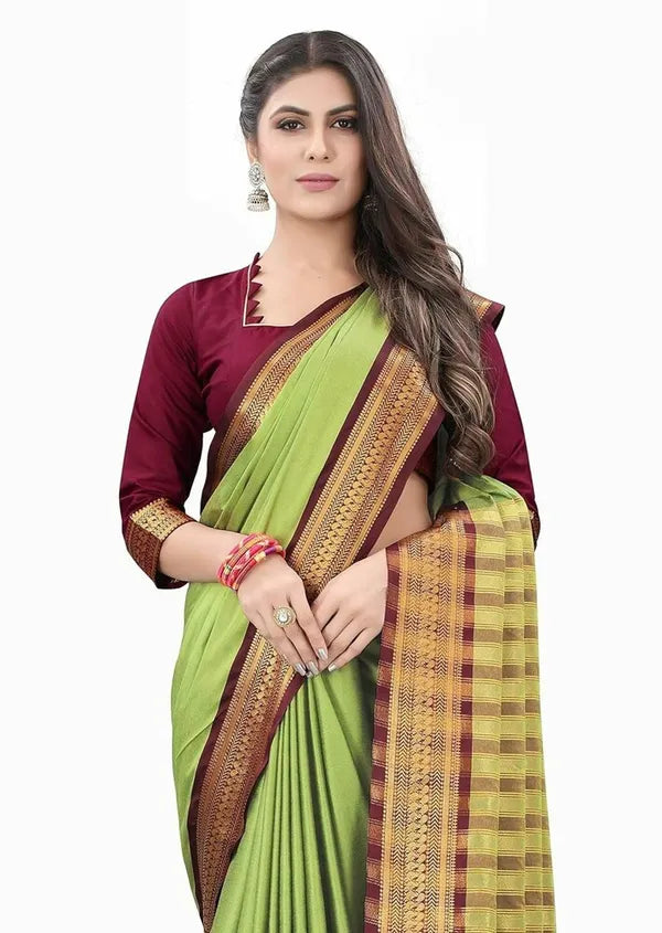 SAGE GREEN BROWN SOFT COTTON SILK MOCHA MIST SAREE FOR WOMEN