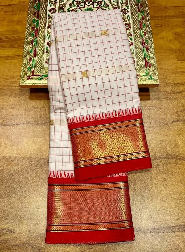 WHITE & RED SOFT COTTON SILK IVORY RUBY RADIANCE SAREE