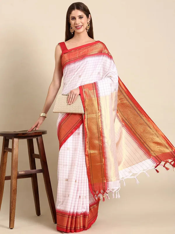 WHITE & RED SOFT COTTON SILK IVORY RUBY RADIANCE SAREE
