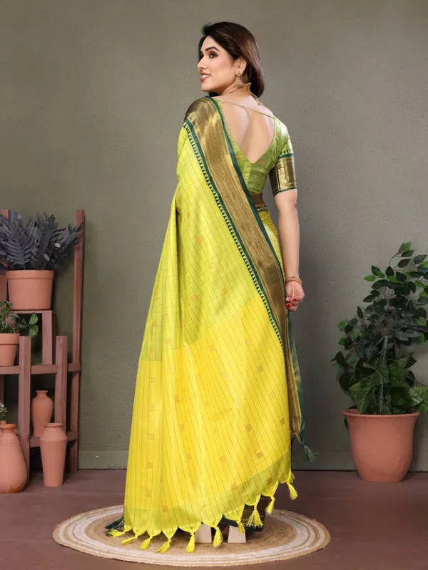 BRIGHT YELLOW &GREEN SOFT COTTON SILK SUNLIT MEADOW GLOW SAREE
