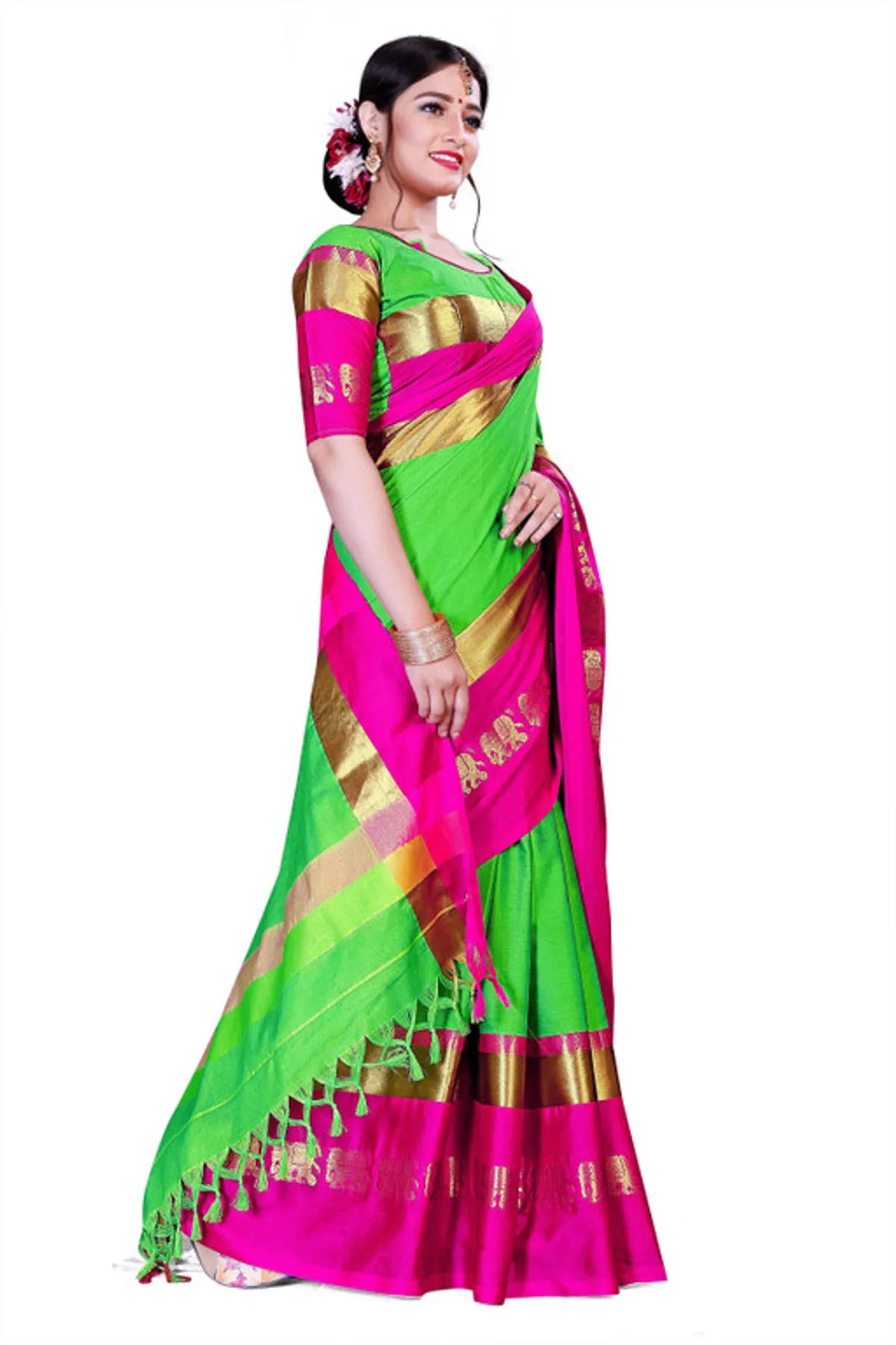 Neon Green and Hot Pink Soft Cotton Silk Electric Fusion Saree For Women