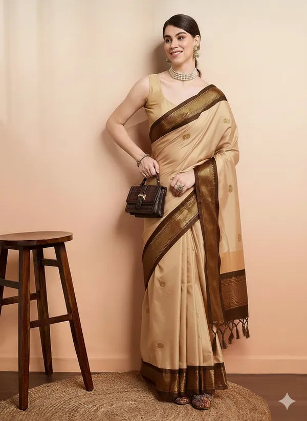 TUSAR BROWN SOFT COTTON SILK EARTH WHISPER SAREE FOR WOMEN