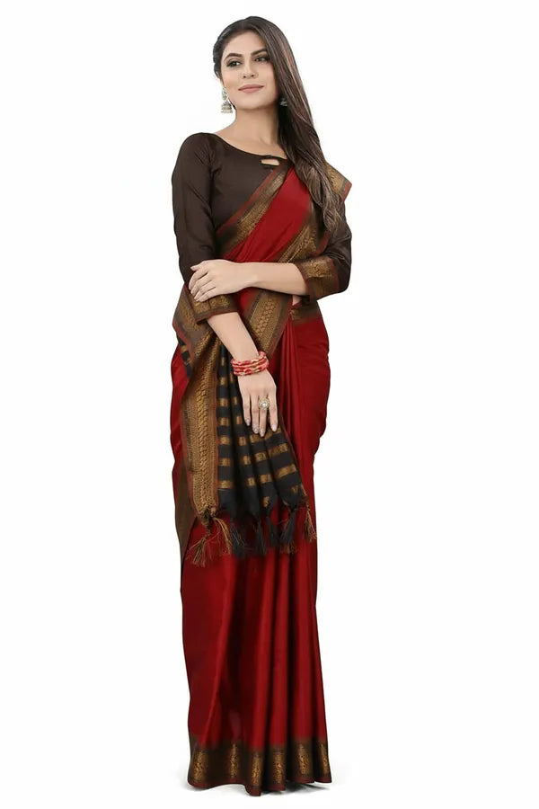 RED & BROWN SOFT COTTON SILK RUBY GARDEN CHARM SAREE FOR WOMEN