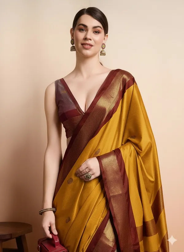 YELLOW & BROWN SOFT COTTON SILK AMBER EARTH ALLURE SAREE