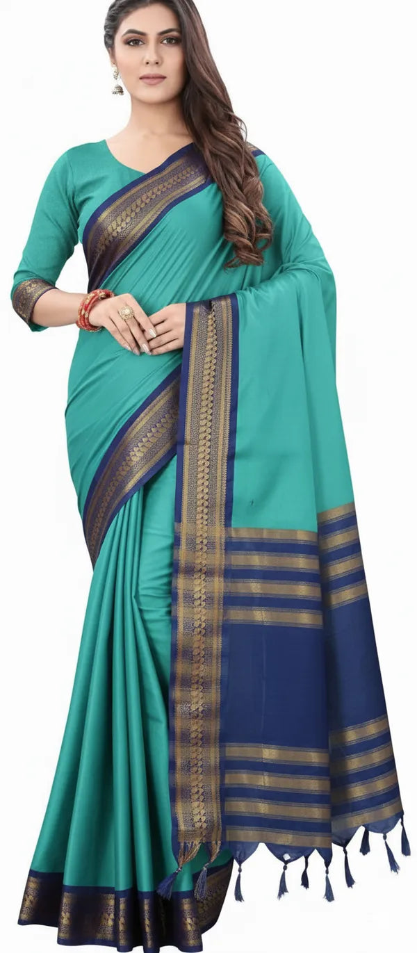 CYAN BLUE SOFT COTTON SILK AZIURE MIST SERENITY SAREEN FOR WOMEN